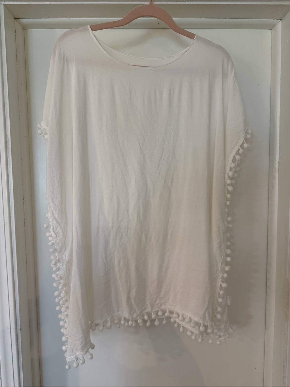 Women's White Pom-Pom Trim Swim Coverup